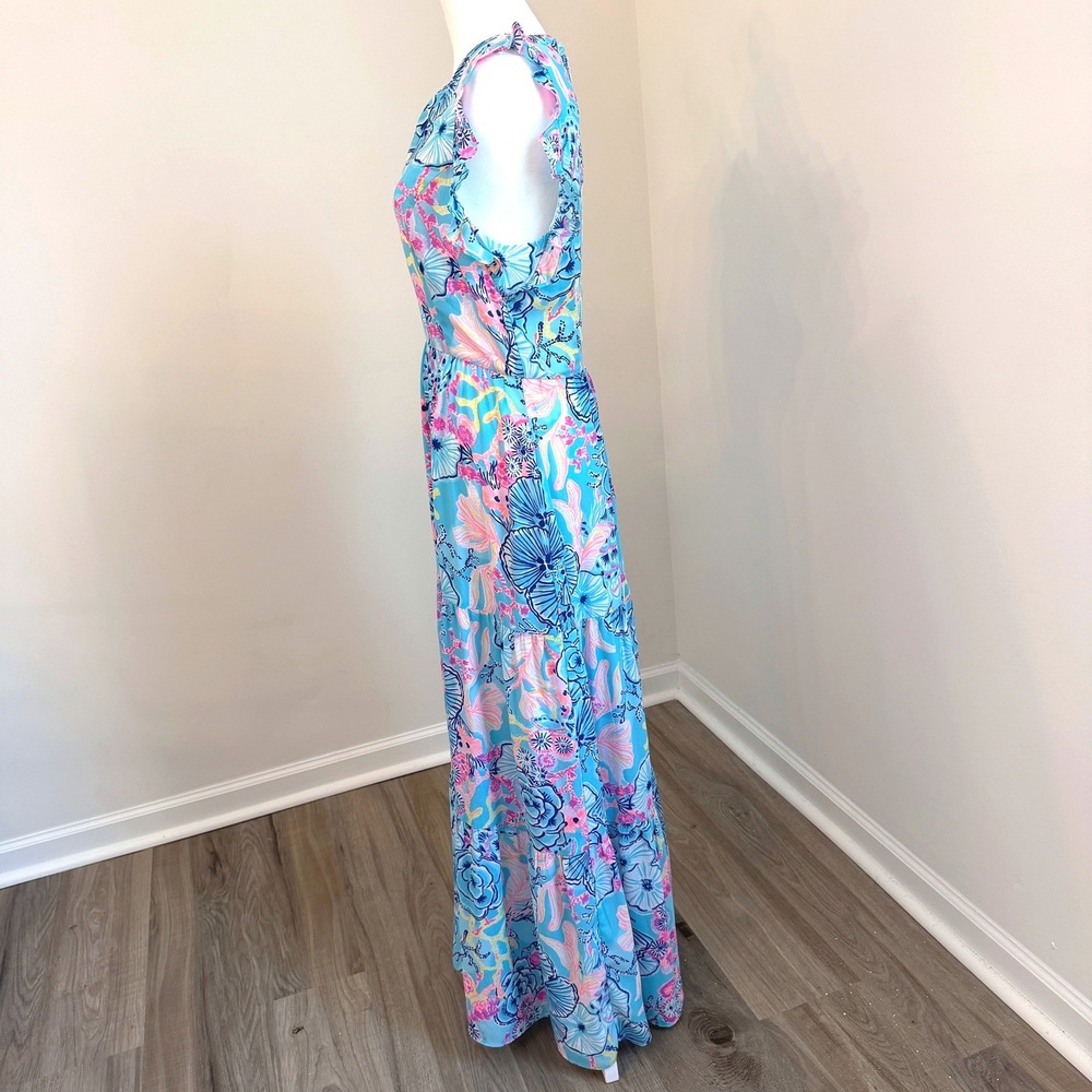 Lilly Pulitzer Floral Maxi Dress Women Size 8 Blue Pink Ruffle Tiered Resort - Picture 5 of 9